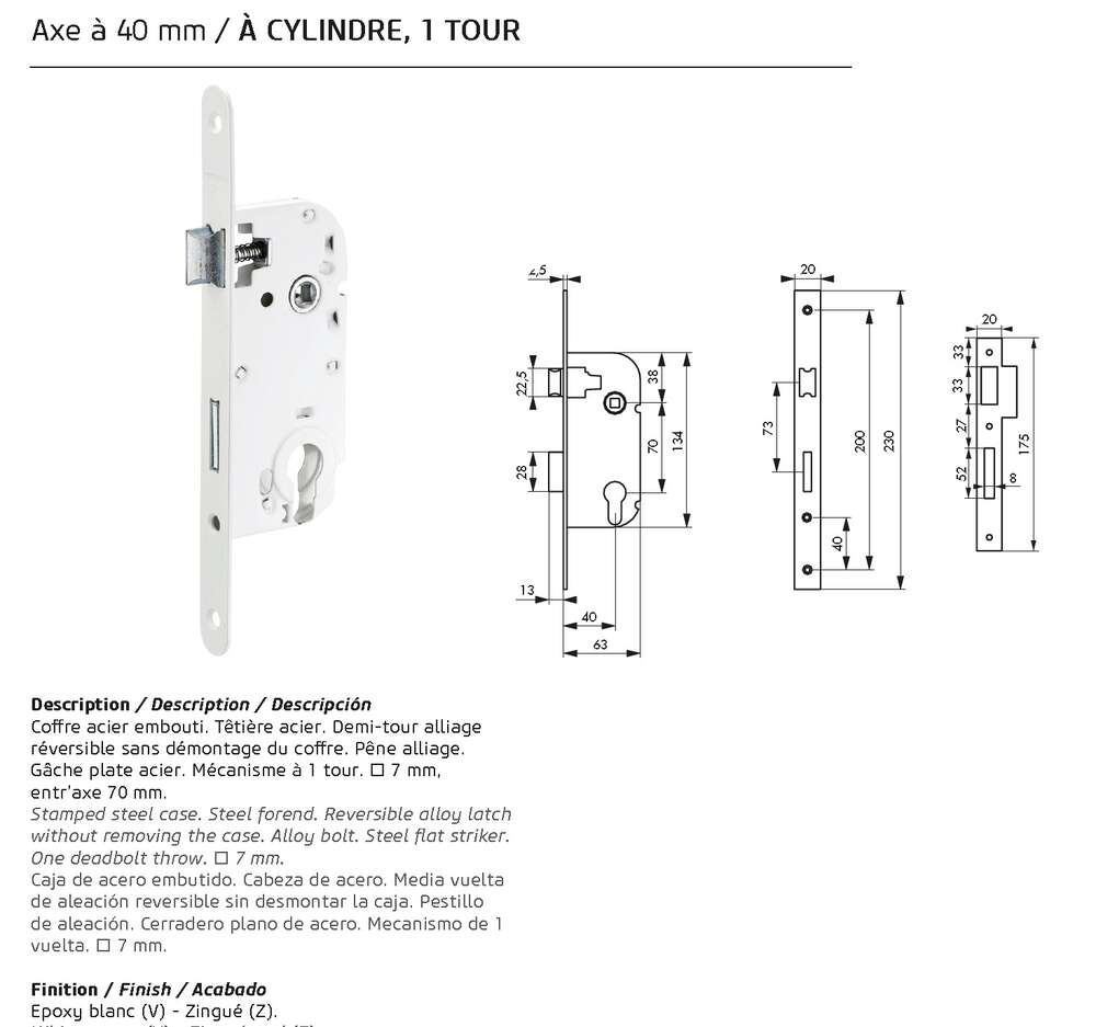 Image du produit SERRURE A ENCASTER AXE 40MM REVERSIBLE POUR CYLINDRE