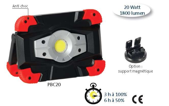 Image du produit PROJECTEUR LED PORTABLE 20W A BATTERIE IP54 NOIR ROUGE AVEC AIMANT