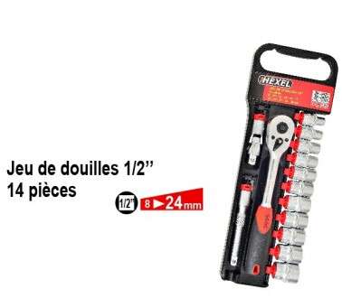 Image du produit JEU DOUILLES 6 PANS 1/2" - JEU DE 14 PCS Ø 8 A 24MM ET 1 CLIQUET