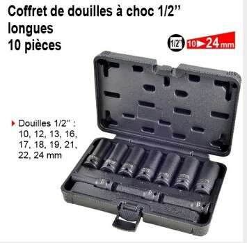 Image du produit COFFRET 10 DOUILLES LONGUES A CHOC 1/2" 10 A 24 MM