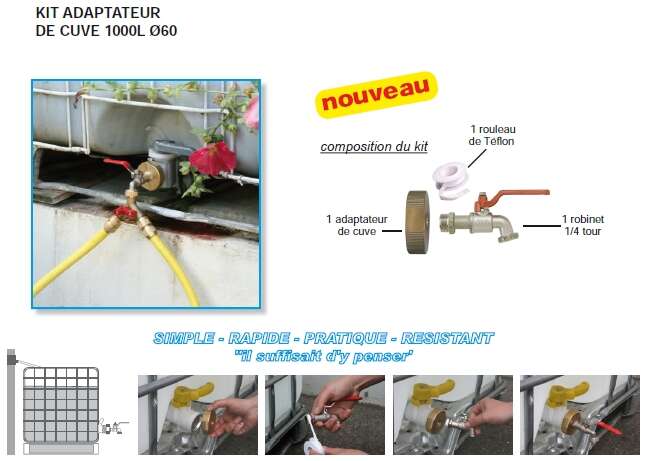 Image du produit KIT ADAPTATEUR AVEC ROBINET 3/4" 20X27MM POUR CUVE Ø 60MM 1000L