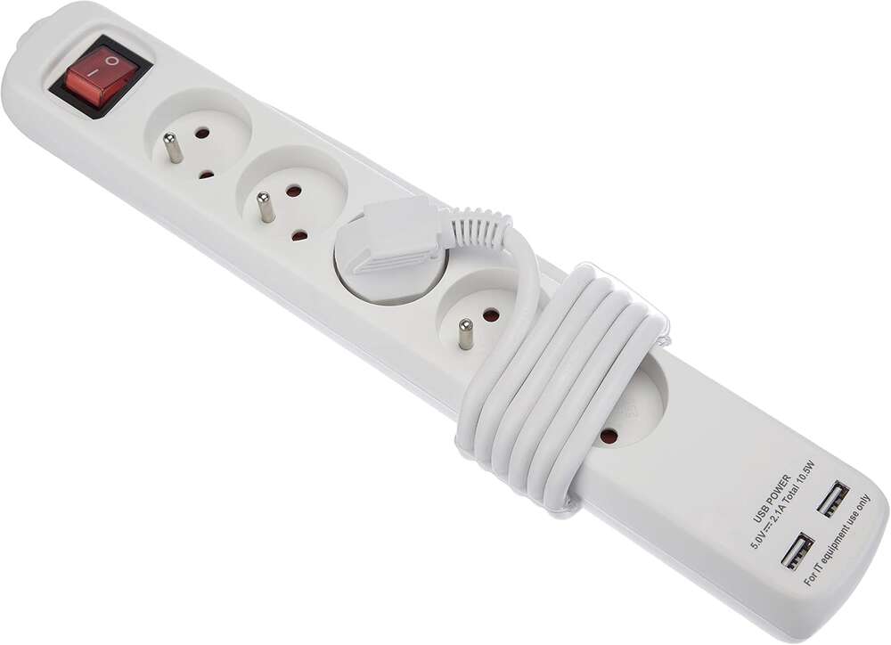 Image du produit BLOC 5 PRISES ELECT 2USB 3G1 BLANC AVEC FIL ELECTRIQUE 1M5 INTERRUPTEUR