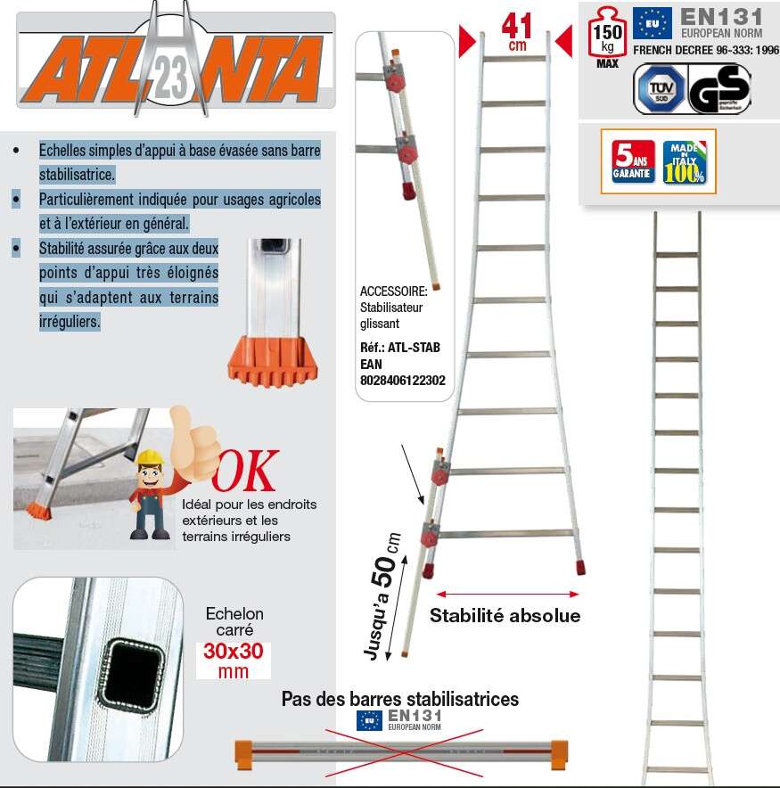 Image du produit ECHELLE SIMPLE ALU EVASEE 14 ECHELONS 3M98 EUROPA