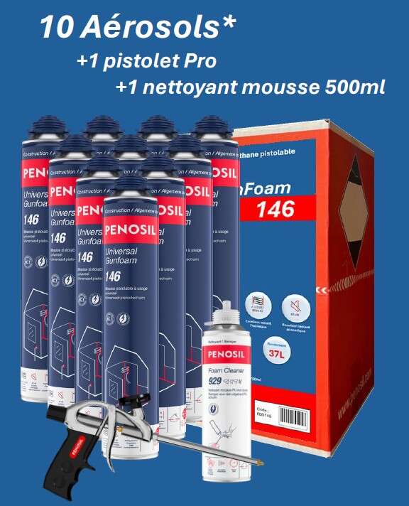 Image du produit BOX DE 10 BOMBES MOUSSE PU 146 PISTOLABLE 700 ML  + PISTOLET + NETTOYANT