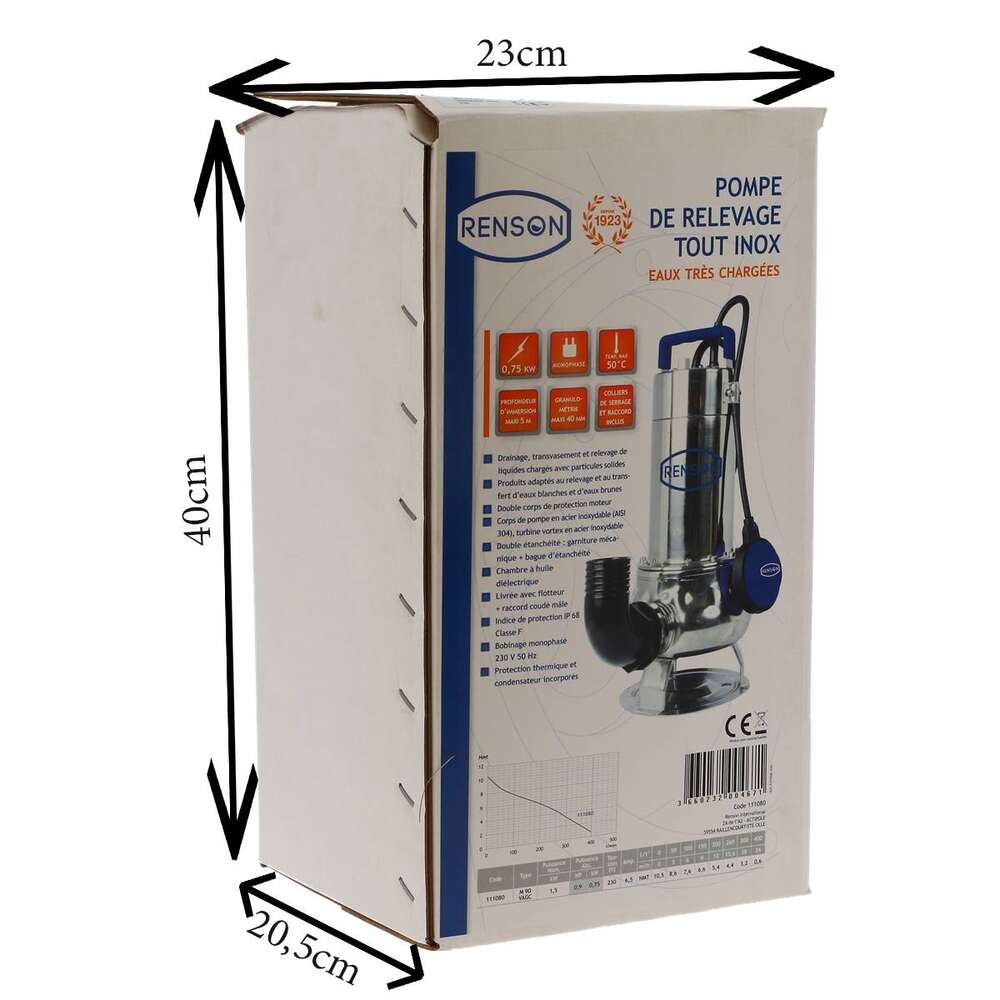 Image du produit POMPE INOX 750W RENSON 24M3/H EAUX CHARGEES IP68