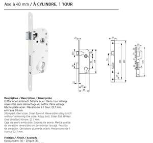 Image produit SERRURE A ENCASTER AXE 40MM REVERSIBLE POUR CYLINDRE