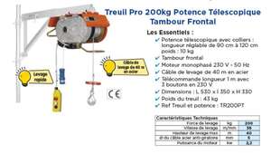 Image produit TREUIL PRO 200KG  HAUT LEVEE 40ML / POT TELESCOPIQUE CDE 1M CHARGE 200 KG